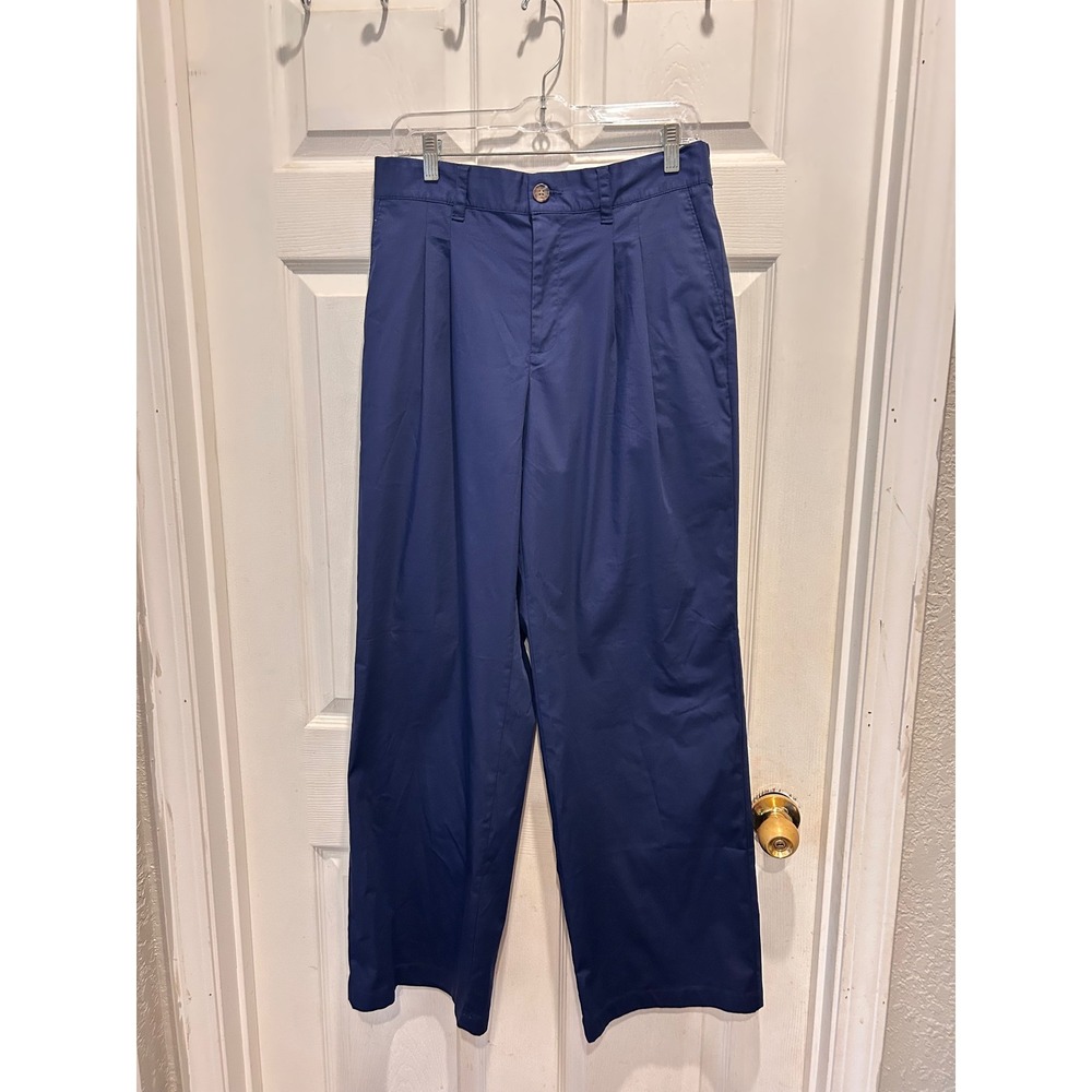 Lands End Womens Navy Blue Pleated Wide‎ Leg Chino Pants Sz 10 High Rise Stretch